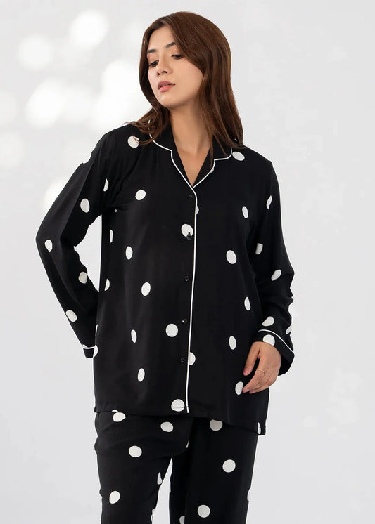Black Silk  doted Night Suit