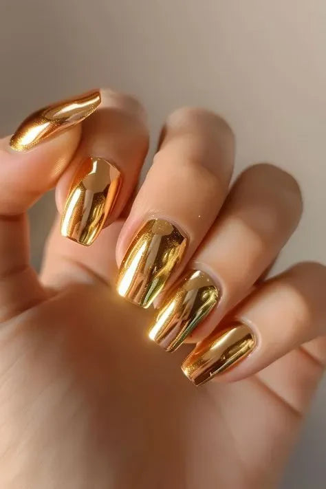 Mirror Gold Nail Chrome Powder Effect Metallic Dust Gold Nails.