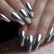 Mirror silver nails Chrome Powder Effect Metallic silver Nails.