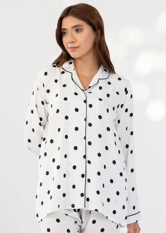 Printed white silk doted Night suit